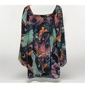 Fire Los Angeles Sheer Peacock Feather Boho Bell Sleeve Top L
